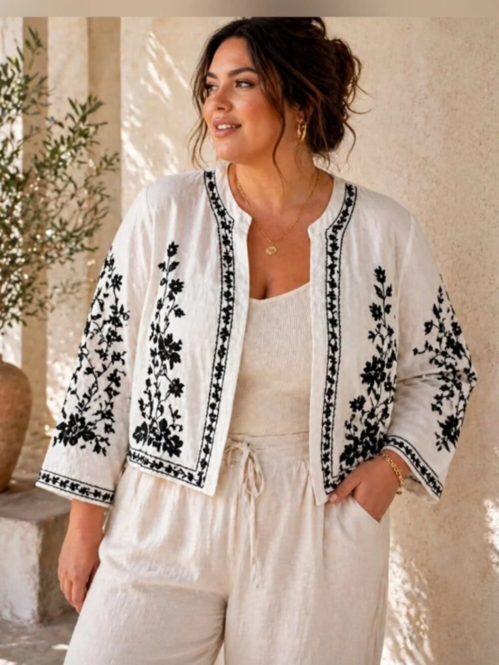 NWT LIV LOS ANGELES White Black Linen Blend Floral Embroidered Button-Up Shirt - Picture 2 of 9
